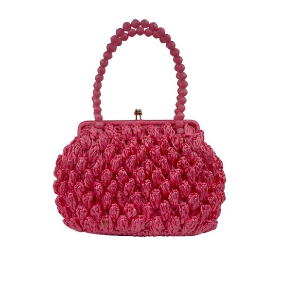 Pink Straw Handbag with Beaded Handle - Picture 3 of 4